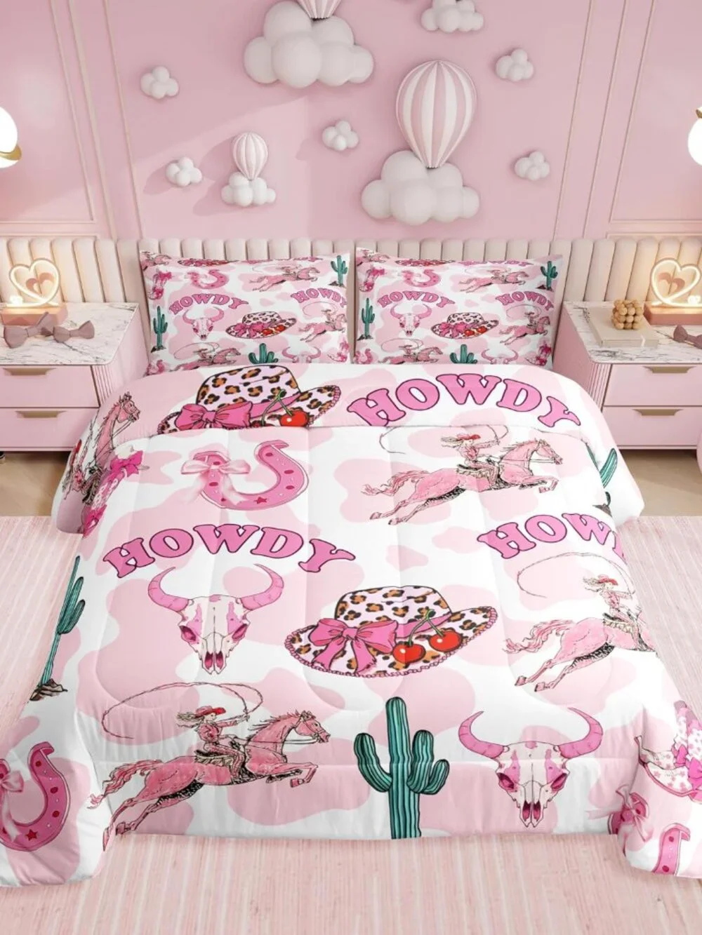 Pink Western Twin Comforter Set,Cowgirl Boots Hats Bows Bedding Sets for Girls K